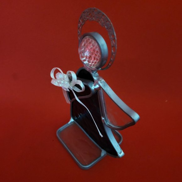 Vintage Stained Glass Free Standing Angel Holding a Flower Blue Suncatcher Pewte - Picture 10 of 12